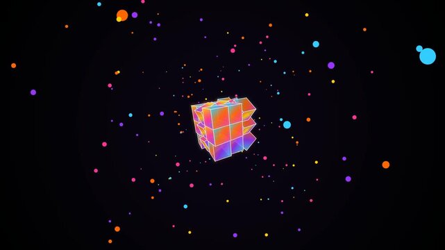 Rotating 3D neon gradient cube splitting into smaller blocks with colorful floating particles
