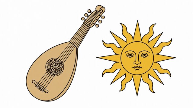 Vintage lute and celestial sun illustration, medieval musical instrument and golden sun face, antique woodcut style graphics
