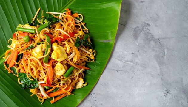 Stir Fried Noodles with Fresh Mixed Vegetables Served on a Green Banana Leaf
