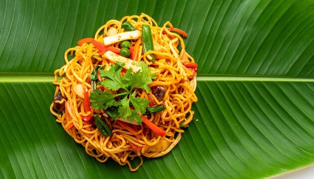 Asian Stir Fried Noodles with Vegetables on a Fresh Banana Leaf