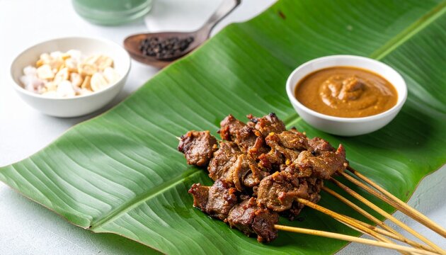 Beef satay skewered meat with peanut sauce on banana leaf