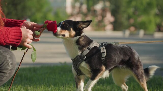 Close up of woman offering red rose to her small black and white dog in outdoor park setting. woman holds flower while calm focused animal sniffs it capturing their interaction with natural