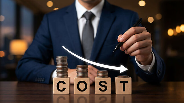 Businessman showing decreasing cost reduction trend with coins and blocks