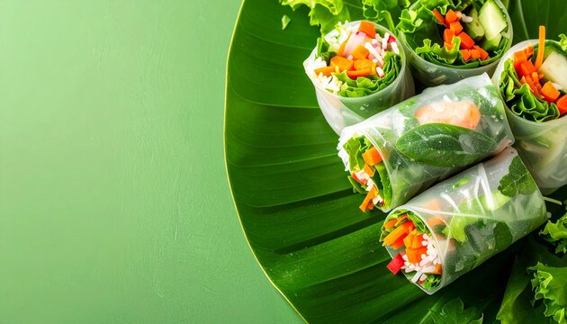 Fresh spring rolls arranged neatly on a green leaf, vibrant vegetables