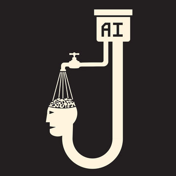 plumbing pipe system pours a stream of droplets  from AI  water tank  into  a human brain.  visual metaphor of closed loop of thoughts