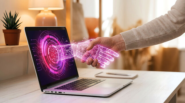 A human hand shaking a glowing digital AI robot hand emerging from a laptop