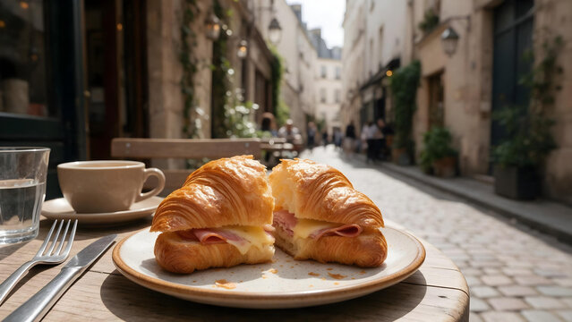 Halved ham and cheese croissant sandwich with coffee on a table at a European street cafe