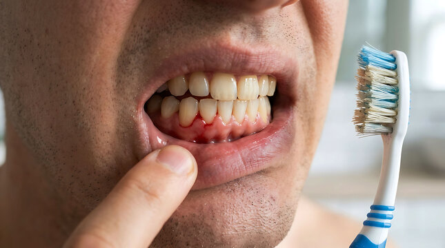 Man showing bleeding gums and toothbrush indicating gum disease and oral health