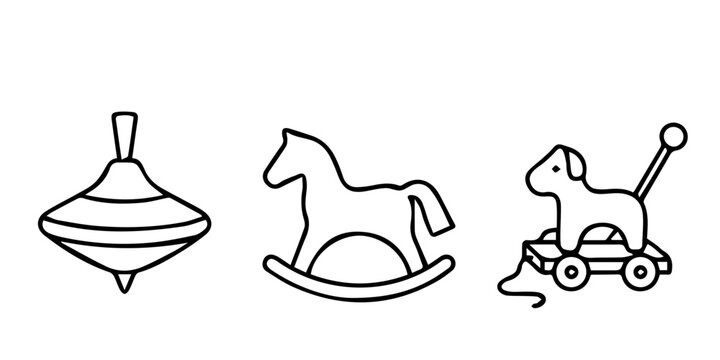 toys, vintage, children, childhood, spinning top, rocking horse, pull toy, dog, play, nursery, illustration, line art, drawing, black and white, vector, icon, set, collection, retro, classic, playful,