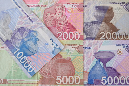Modern Uzbekistani som (UZS) banknotes arranged together, featuring 2000, 5000, 10000, 20000, and 50000 so'm paper currency.