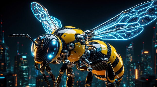 Mechanical robotic bee with glowing blue neon wings flies above dark futuristic city. Cybernetic insect with yellow, black metal body explores high tech urban landscape. Cyborg bug features complex