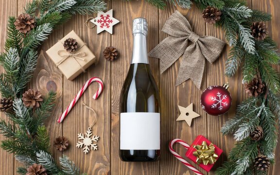 Champagne bottle with christmas decorations on wood