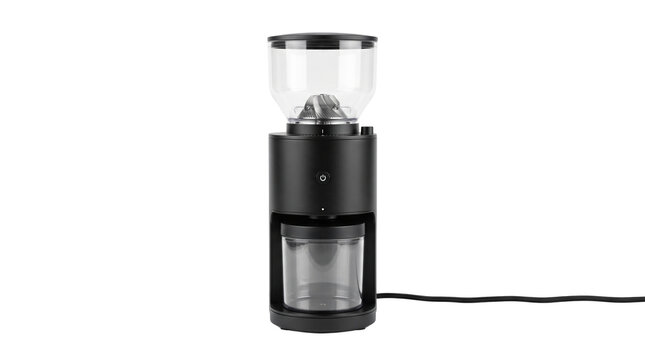 Modern black electric coffee grinder, professional burr mill for espresso, sleek kitchen appliance for home brewing isolated PNG with Transparent Background