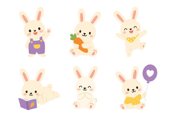 Fototapeta premium Cute Bunny Character Collection Flat Vector Illustration Set Isolated on White Background