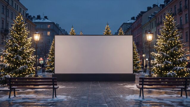 Empty billboard in a snowy european square at christmas