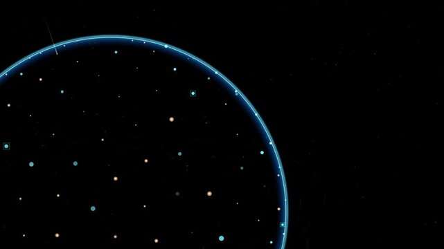 Abstract digital background with a glowing planet or sphere surrounded by a network of connected dots and lines in deep space