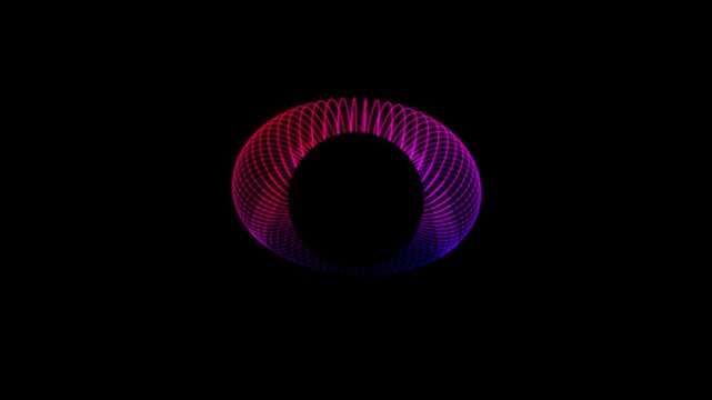 Abstract glowing neon torus shape made of interconnected circular lines with a vibrant pink to blue gradient on a black background