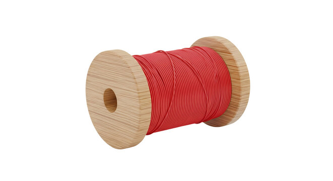 Wooden spool with red thread isolated on white background for sewing craft