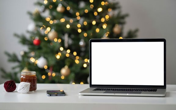 Laptop with blank screen on desk with christmas tree