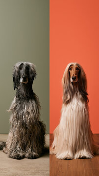 Before and after grooming comparison of an Afghan Hound, split-screen showing tangled matted fur transformed into silky flowing glamorous coat, styled against contrasting olive grey and coral orange b