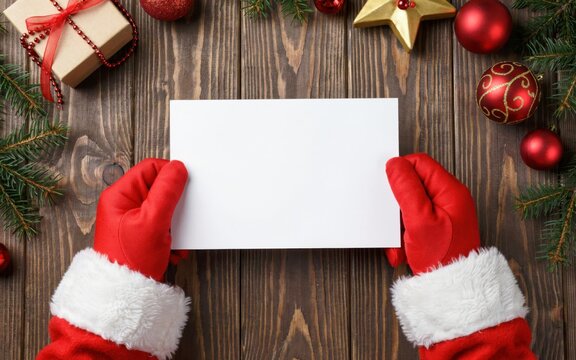 Santa claus hands holding a blank card on wooden table