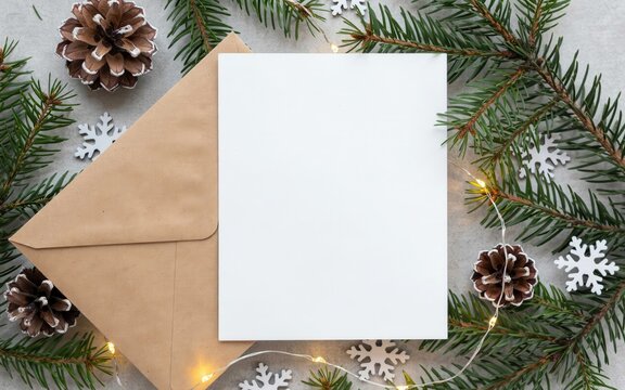 Christmas greeting card mockup with pine cones and lights