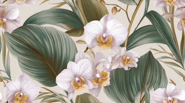 Seamless botanical pattern with white orchids and large lush green tropical leaves, elegant exotic floral illustration and premium natural surface design