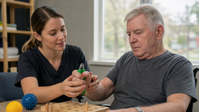 Occupational therapist assisting senior man with hand grip strengthener, elderly patient in physical therapy session, rehabilitation and geriatric care
