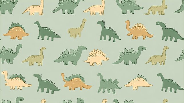 Seamless dinosaur pattern with green and beige prehistoric animals on a soft sage background, playful kids illustration, nursery and educational surface design