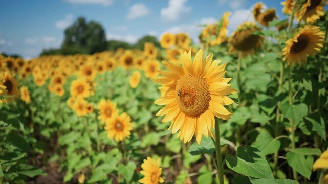 Close up of sunflowers in field with bees pollinating flowers. scene features vibrant yellow petals and brown centers set against green foliage under bright daylight. Background includes
