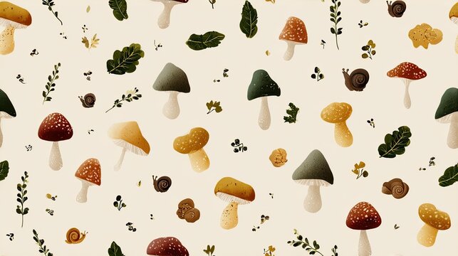 Seamless mushroom pattern with stylized forest fungi in earthy green, brown and yellow tones on a cream background, whimsical woodland surface design
