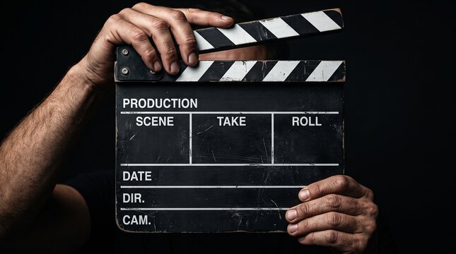 Hands holding a vintage movie clapperboard against a black background