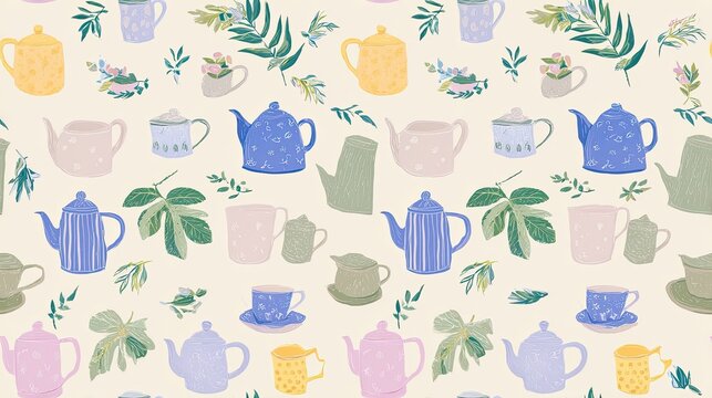 Seamless tea pattern with colorful teapots, cups, mugs and botanical accents on a light cream background, cozy kitchen illustration and playful surface design