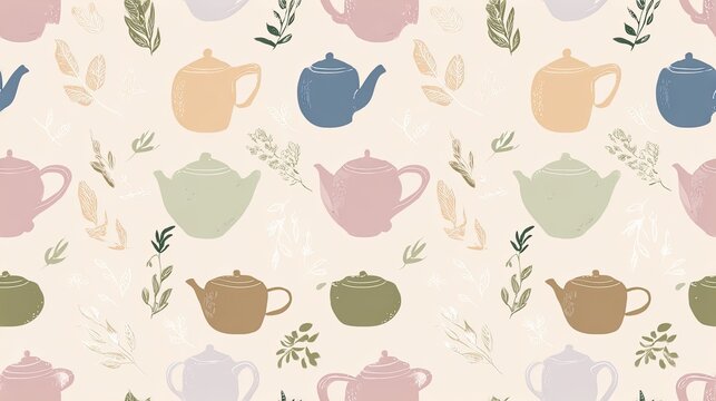 Seamless tea pattern with pastel teapots, cups and botanical accents on a warm cream background, cozy kitchen illustration and playful surface design