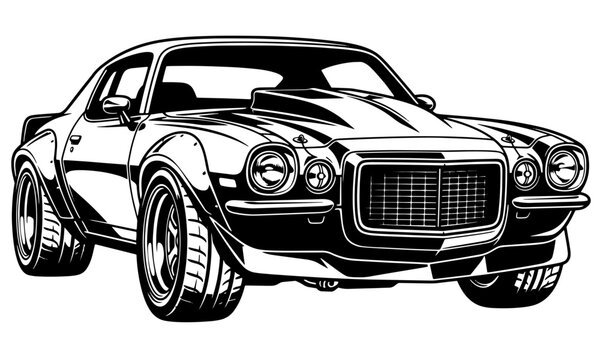 Bold black and white vector graphic of a classic retro coupe muscle car with prominent hood bulge and custom wheels.