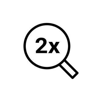 double zoom icon isolated on white, double zoom search icon isolated on white, 2x zoom magnifying glass icon, 2x magnification symbol black and white, zoom in 2x magnifier icon