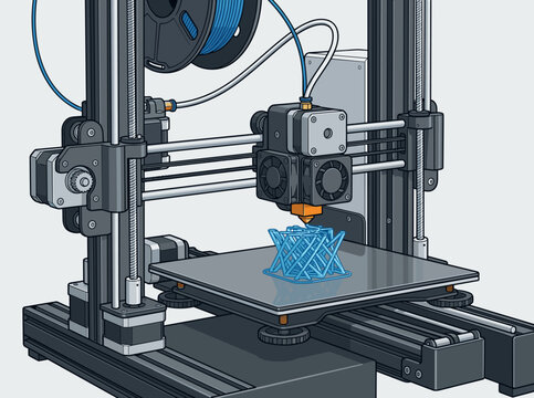 Technical vector illustration of a desktop 3D printer manufacturing a blue lattice structure using FDM technology, featuring extruder head, filament spool, and motor components.