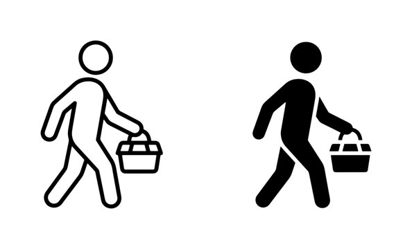 Walking Person Icon with Shopping Basket, Silhouette and Outline, Vector Graphics for Commerce