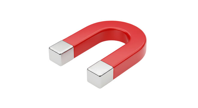 A simple red horseshoe magnet with shiny silver ends isolated on a pure white background, showcasing its magnetic attraction capabilities