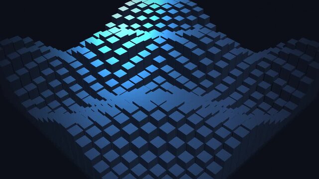 Seamless 12-second 60fps loop of a minimalist 3D geometric architectural pattern. Features an array of undulating cuboid pillars, beveled edges, soft ambient occlusion studio shadows, and dynamic heig