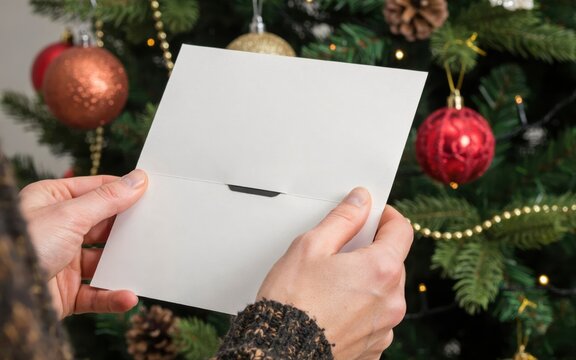Person holding a blank white card in front of a christmas tree