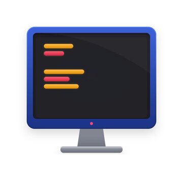3D animated computer monitor displaying glowing code lines on dark screen background
