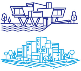 Obraz premium Modern architecture vector icons of a futuristic waterfront villa and a city skyline on an island