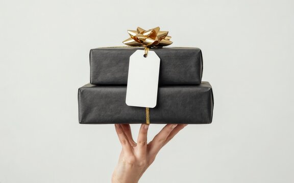A hand holding two black gift boxes with a gold bow