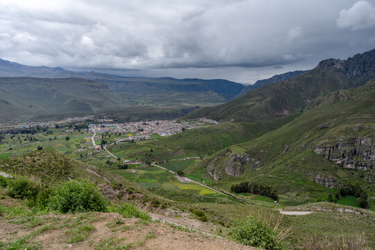 Chivay town in the Colca Canyon, Peru under dramatic clouds