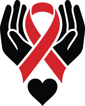 World AIDS Day Protecting Hands Red Ribbon Heart Concept Vector Icon