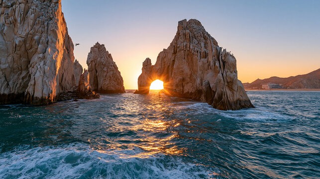Stunning sunset glowing through the natural rock arch of Cabo San Lucas over ocean waves. Perfect for exotic travel and tourism advertising.