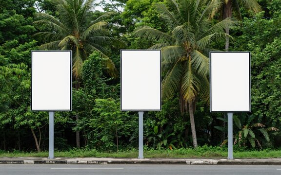 Three blank vertical billboards in front of tropical trees