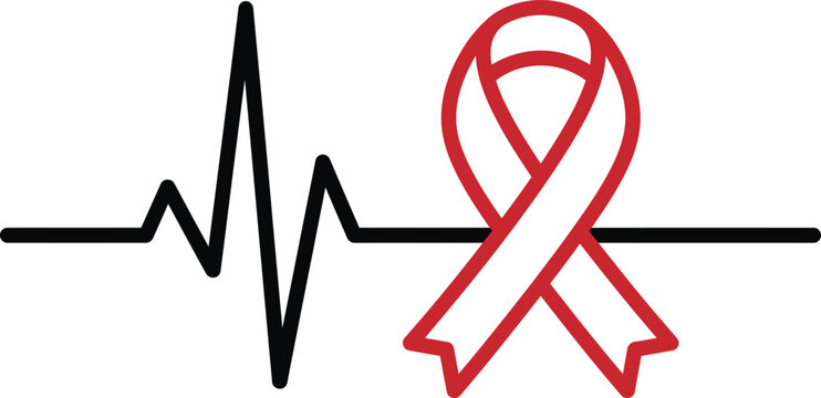 World AIDS Day Heartbeat Lifeline Red Ribbon Concept Vector Icon