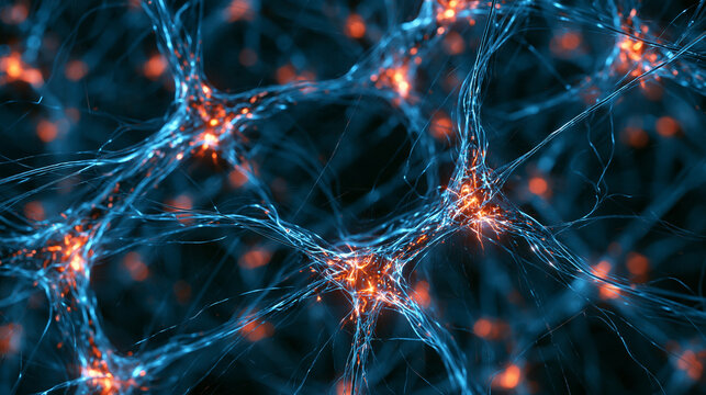 Glowing neurons transmit electrical impulses in a complex neural network. Perfect for medical science and neuroscience concepts.